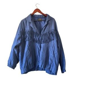 Mureli Vintage Blue Fringe Western Silk Jacket 2XL Oversized 80s 90s Boho